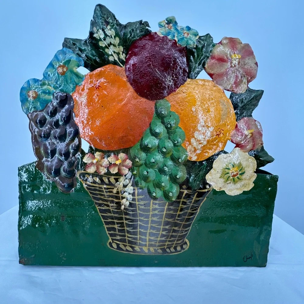 Vintage Hand Painted Flower Basket on Metal Tin Wall‎ Box Mail Box Nik Nak Box